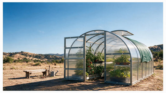 Polycarbonate greenhouse with shade cloth and open roof vents during a 100°F Texas summer