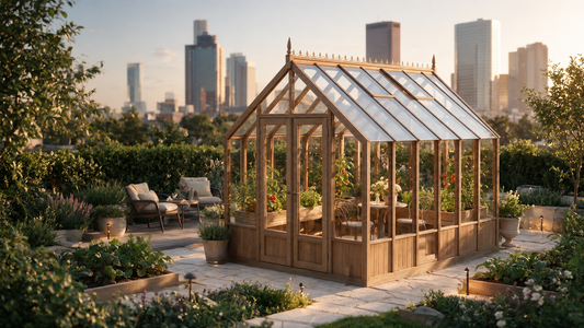 Luxury Nordwood timber-and-glass greenhouse in a landscaped Houston city garden at sunset