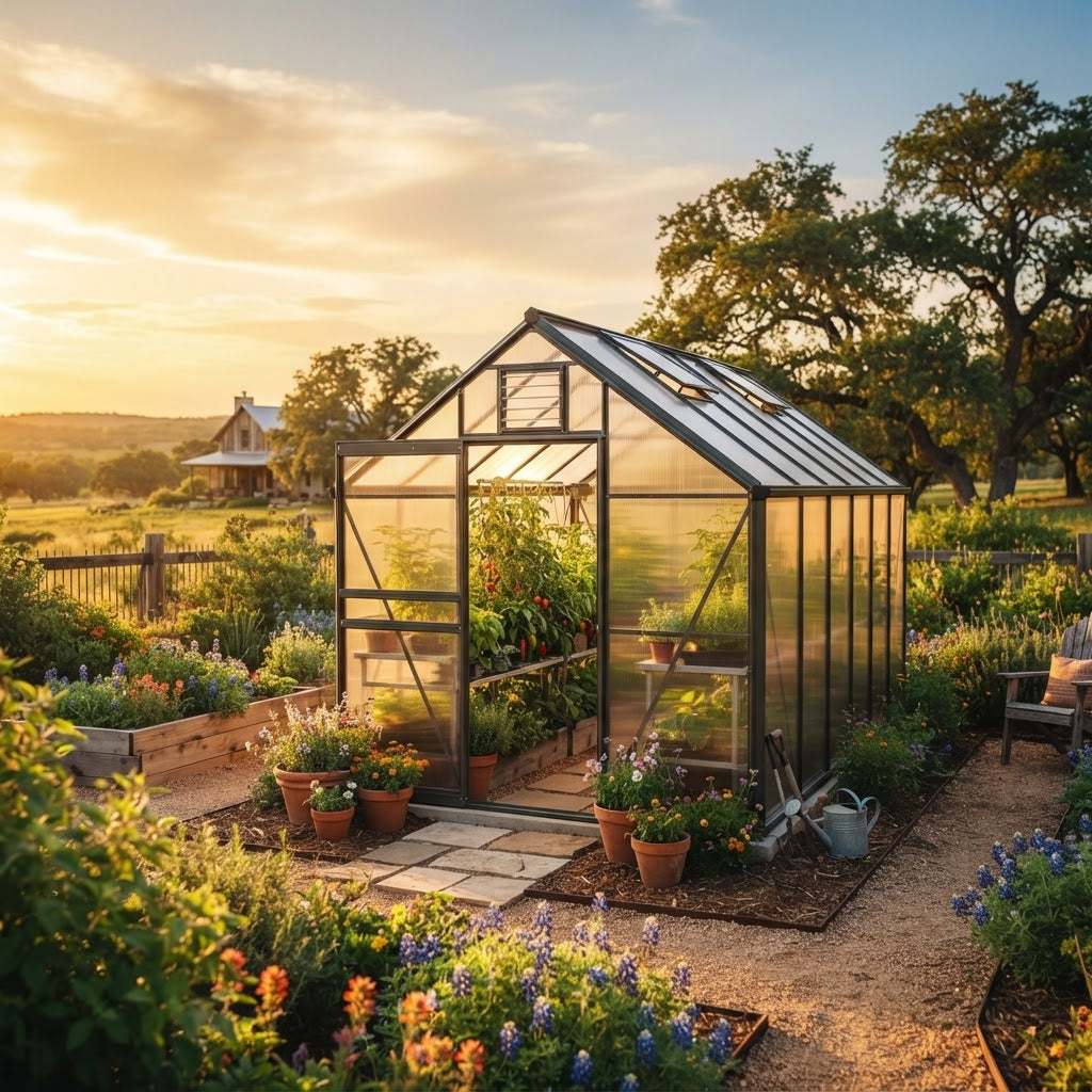 Durable polycarbonate greenhouse positioned on a level foundation in a spacious Texas garden