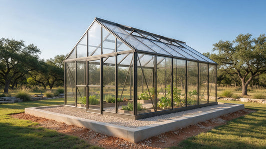 Premium greenhouse installed on a level concrete and gravel foundation on Texas soil
