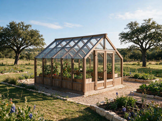 Polycarbonate greenhouse in a Texas backyard surrounded by raised vegetable beds and native landscaping
