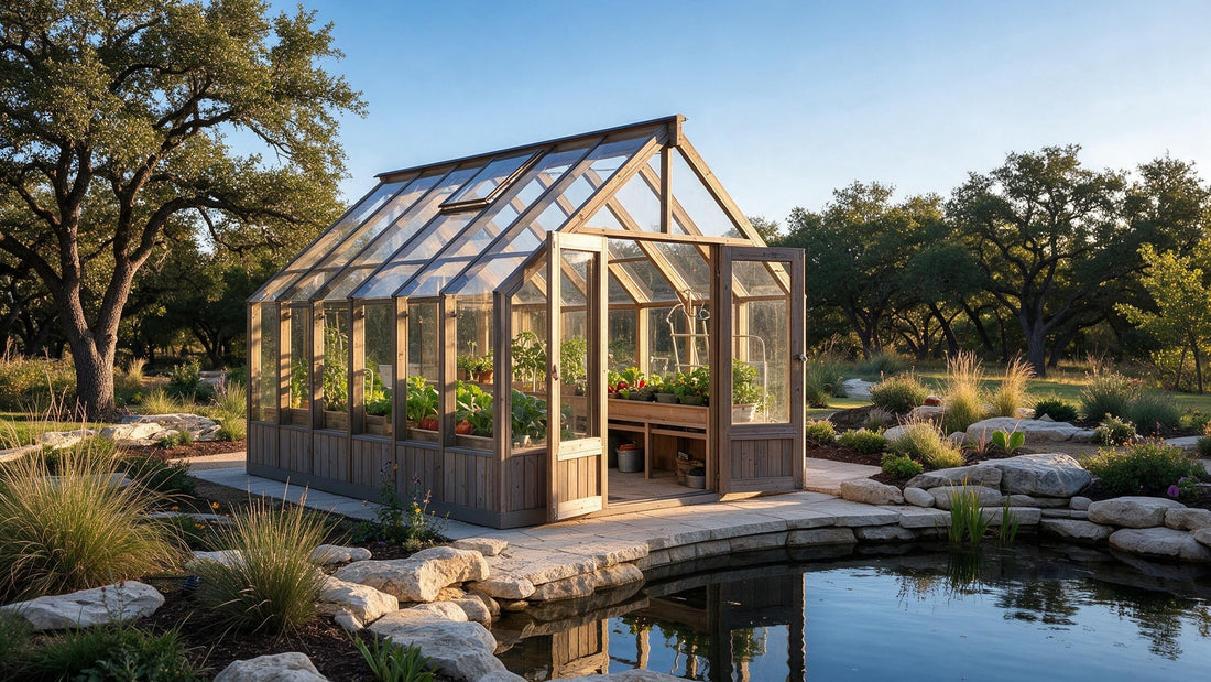 Nordwood wood-and-glass greenhouse beside a landscaped garden pond.