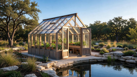 Nordwood wood-and-glass greenhouse beside a landscaped garden pond.