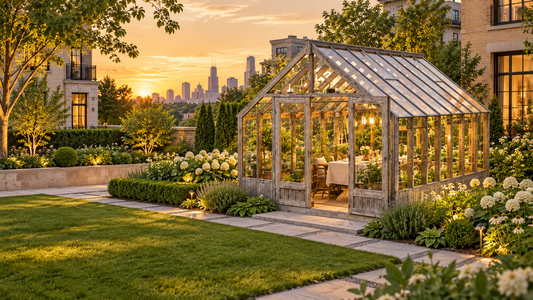 Classic Nordwood timber-and-glass greenhouse in a landscaped luxury city neighborhood at sunset
