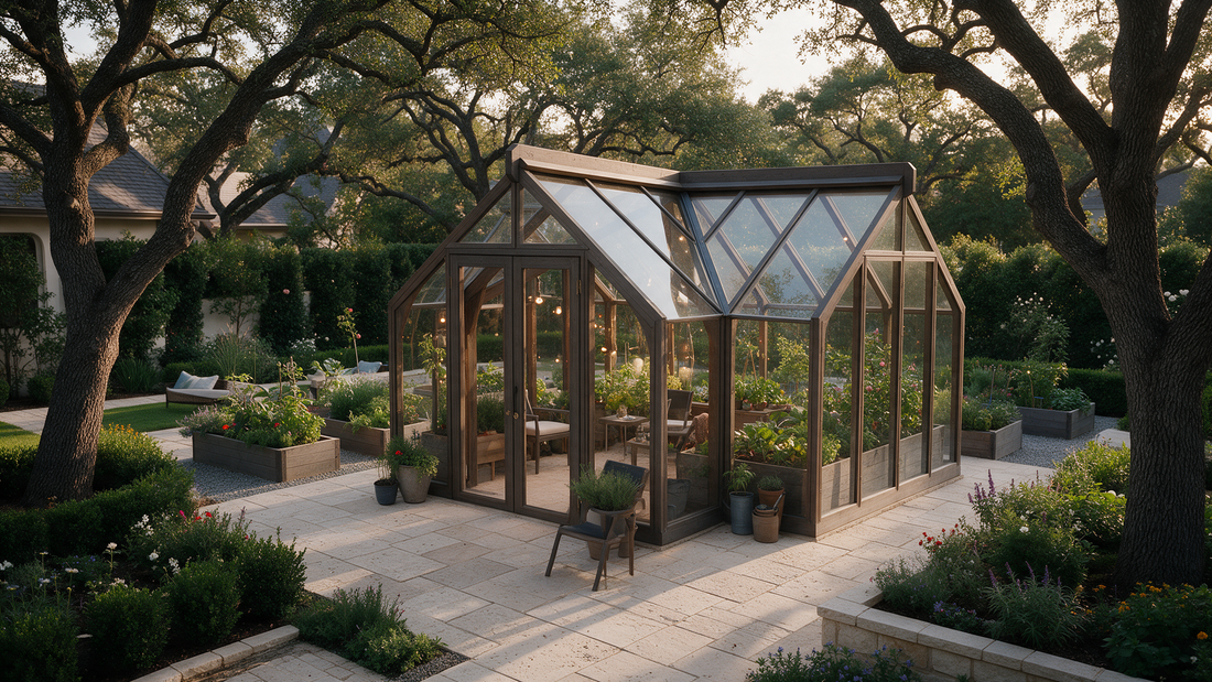 Luxury HouseYourGreens greenhouse in an elegant Houston backyard with landscaped gardens, stone pathways and outdoor seating.