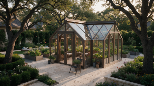 Luxury HouseYourGreens greenhouse in an elegant Houston backyard with landscaped gardens, stone pathways and outdoor seating.