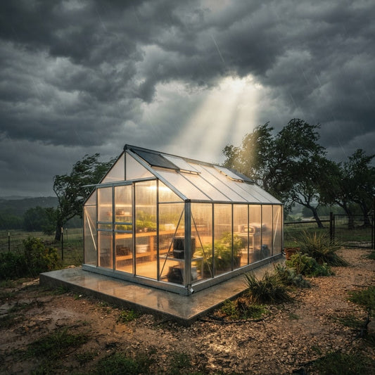 Greenhouse base securely anchored to a concrete foundation for Texas wind protection