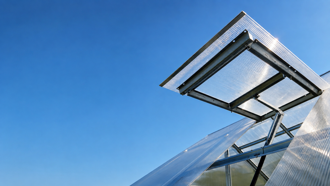 Close-up of translucent twin-wall polycarbonate panels installed on a durable backyard greenhouse