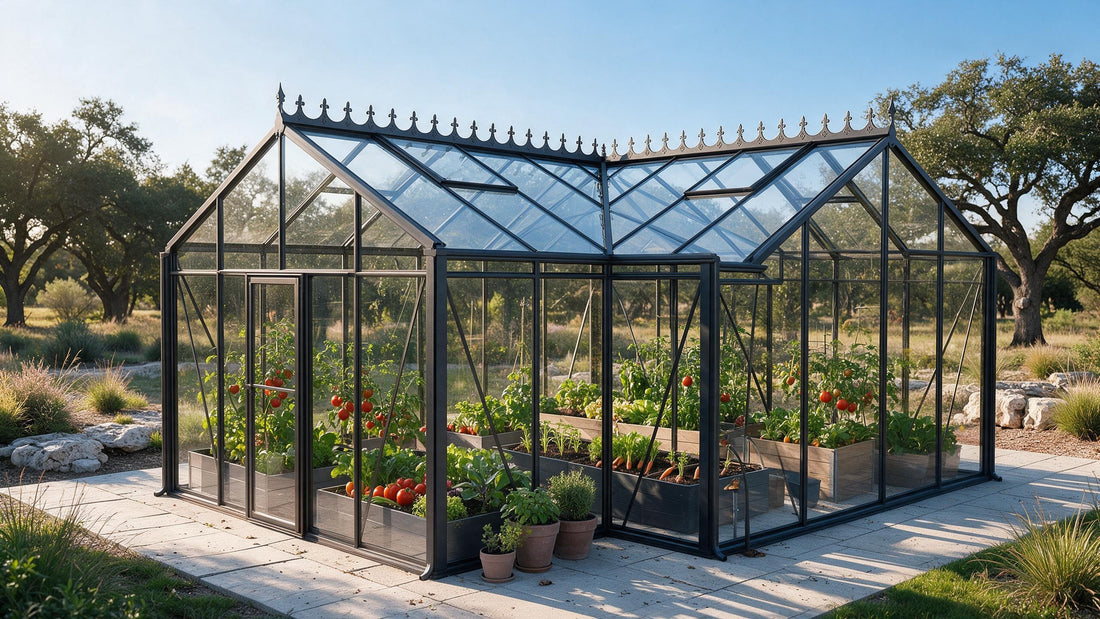 Productive backyard greenhouse with vegetables and herbs growing year-round in Texas